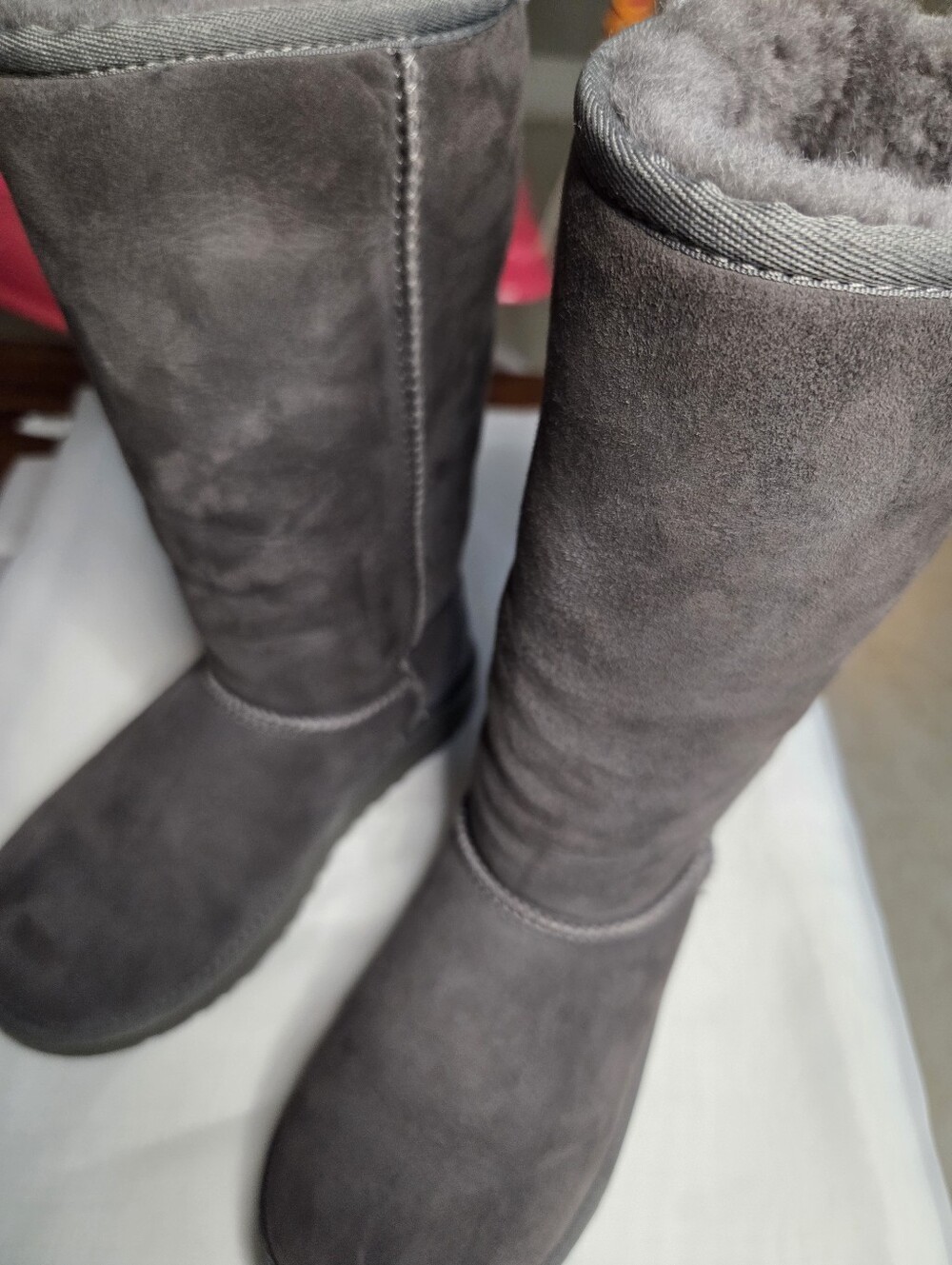 UGG Gray Suede Short Shearling Boots - Picture 2 of 6